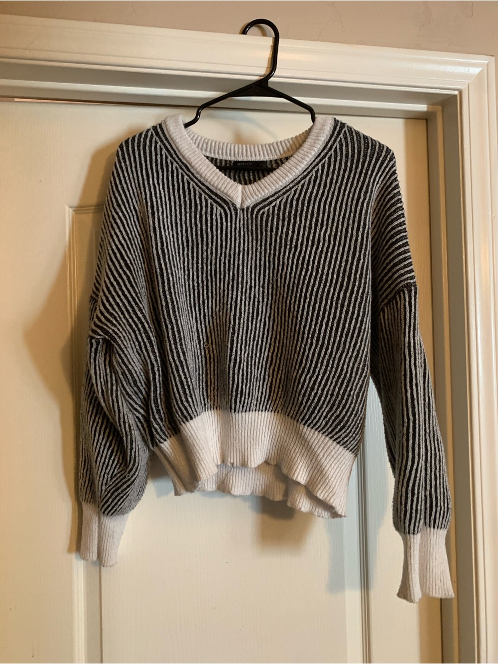 Women’s Black & White V-Neck Striped Sweater